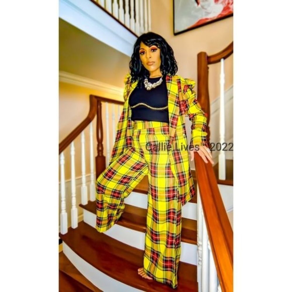 Callie Berry: Sunshine Yellow Puff Sleeve Plaid Oversized Palazzo Pant Medium - Picture 7 of 17